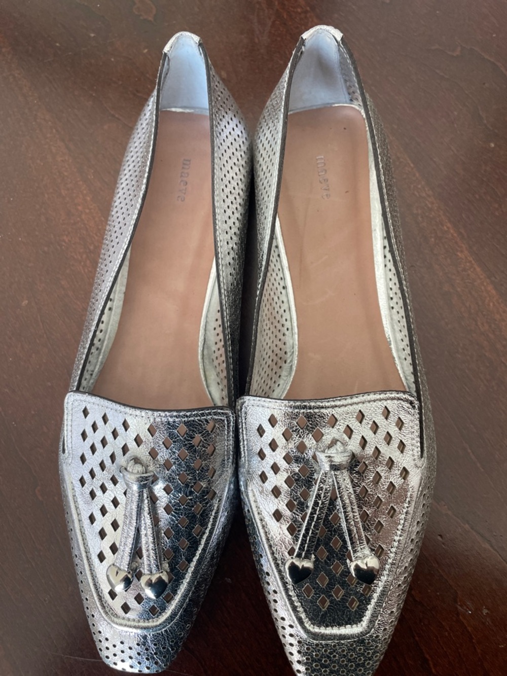 Anthropologie Maeve Metallic Silver Perforated Tassel Loafers w/ Puffed Hearts!